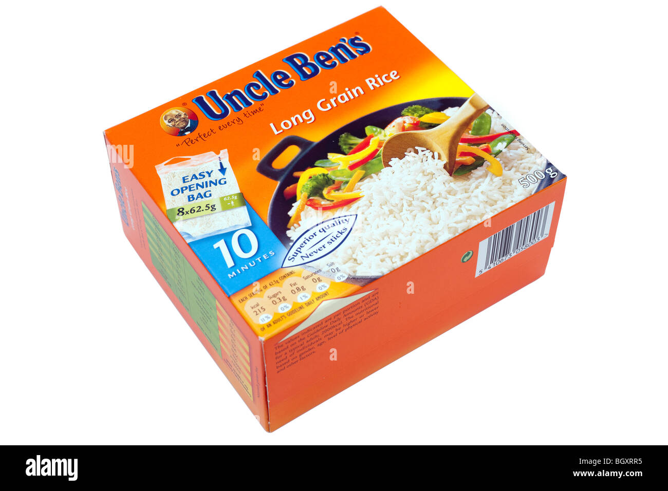 Boxed Eight 62.8g bags of Uncle Bens long grain white rice Stock Photo