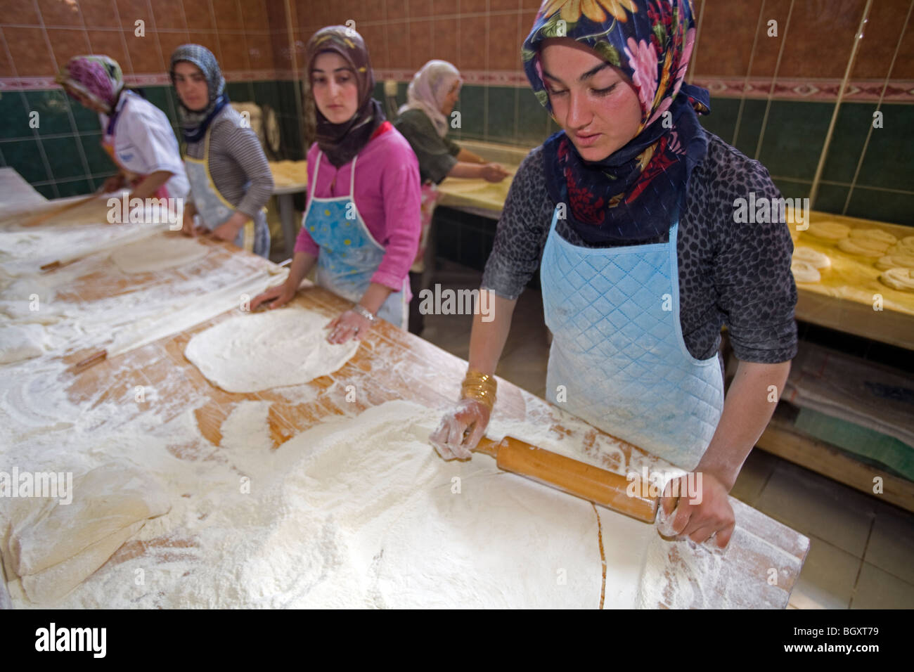 Women making special bread 'Kete' of Kelkit town, Gumushane Turkey. Stock Photo