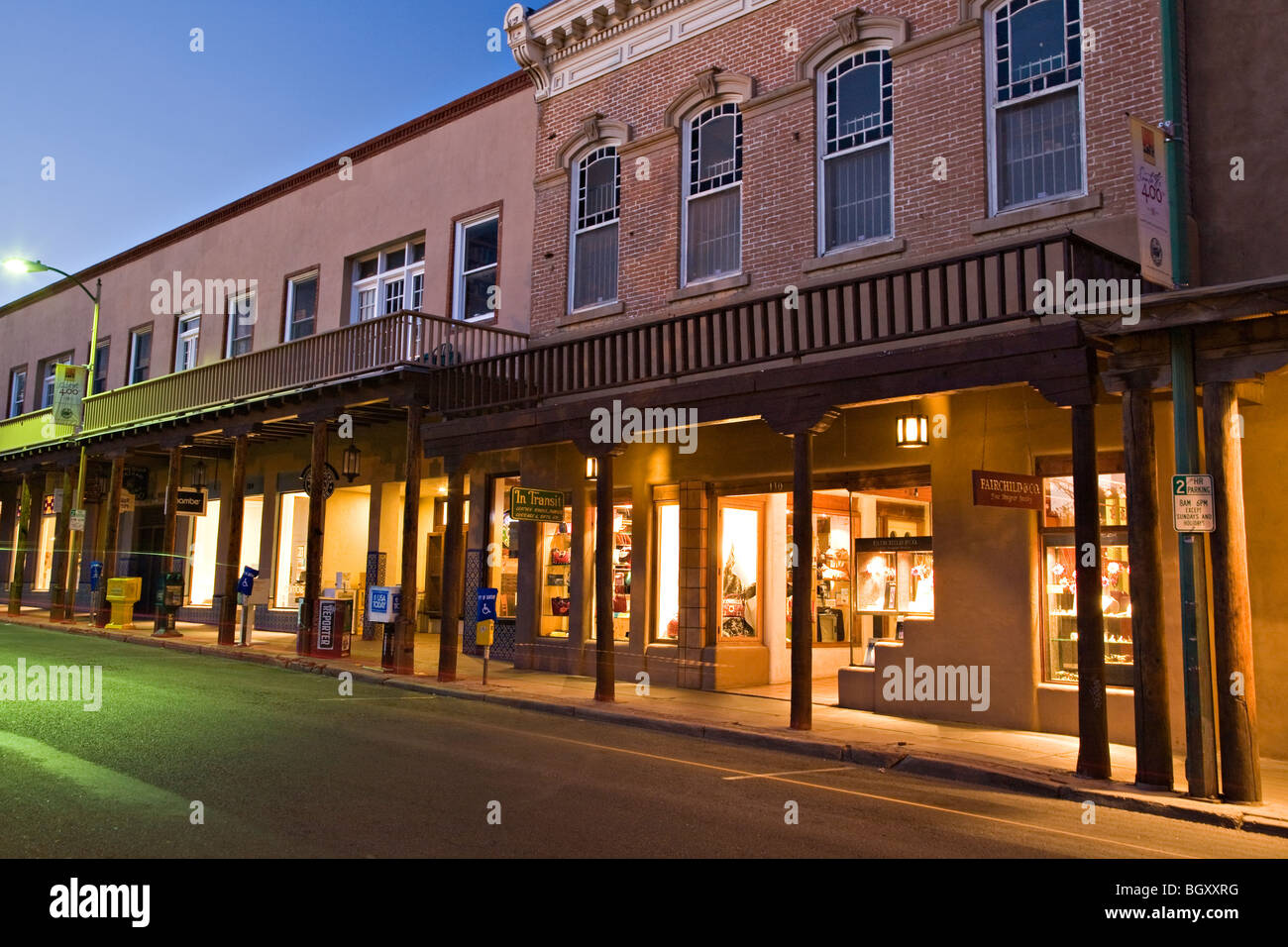 Exterior view of shops along San Francisco Street in Santa Fe, New