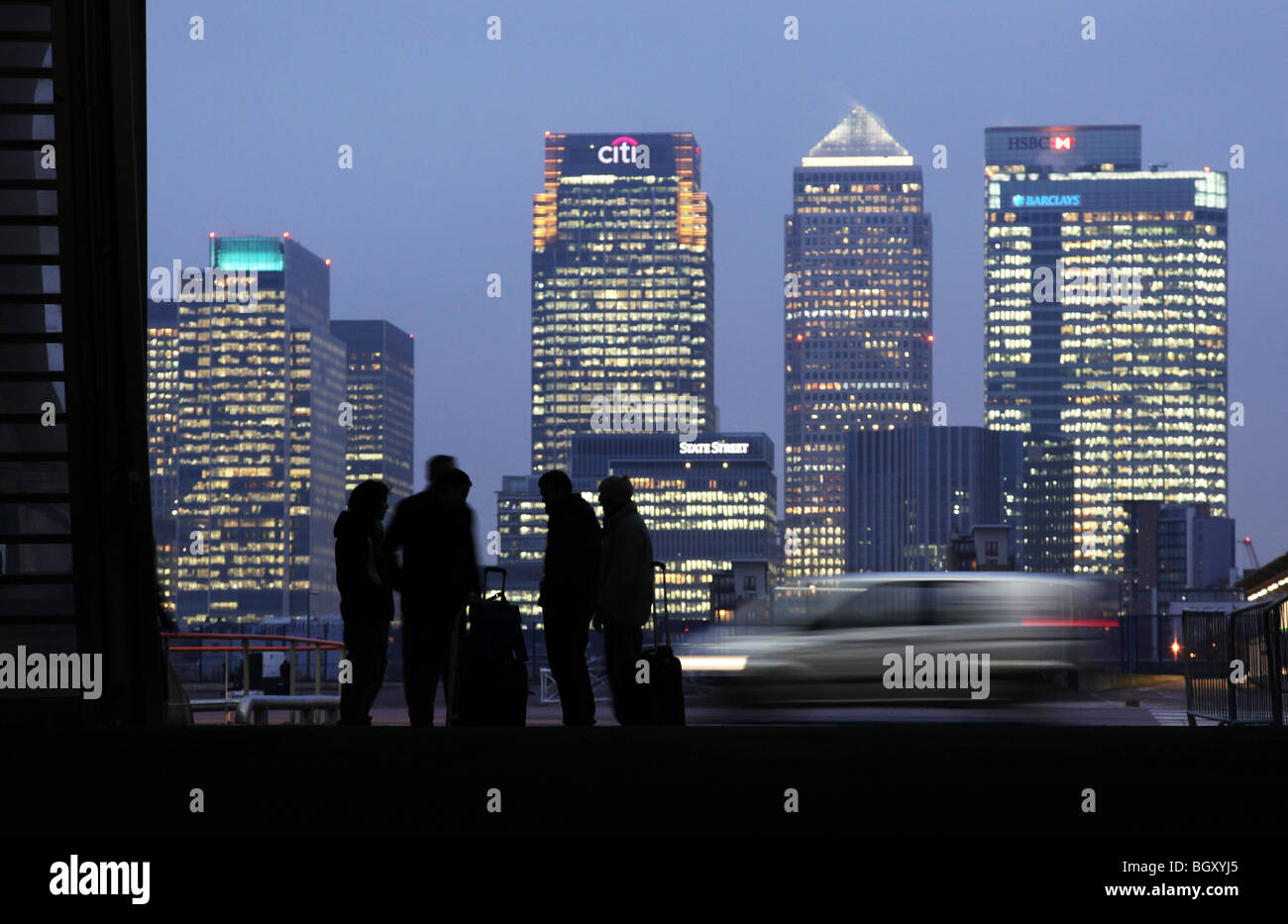 Canary Wharf seen from the O2, Greenwich Peninsular at dusk Stock Photo