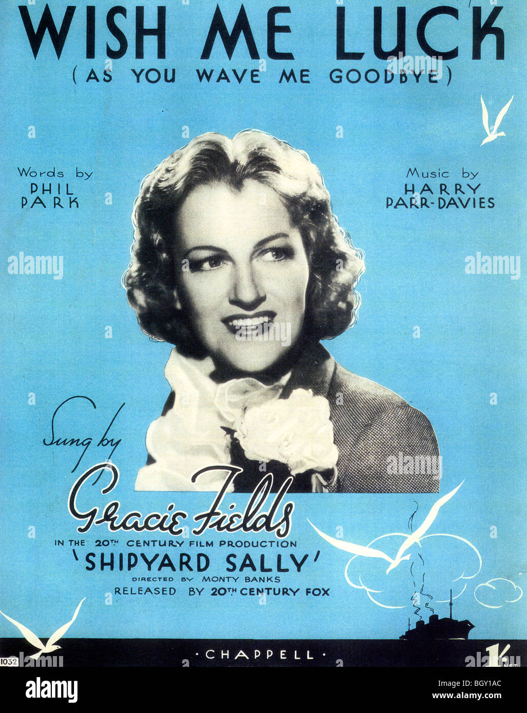 GRACIE FIELDS (1898-1979) English variety artist and singer. Sheet music for Wish Me Luck from her 1939 film Shipyard Sally Stock Photo