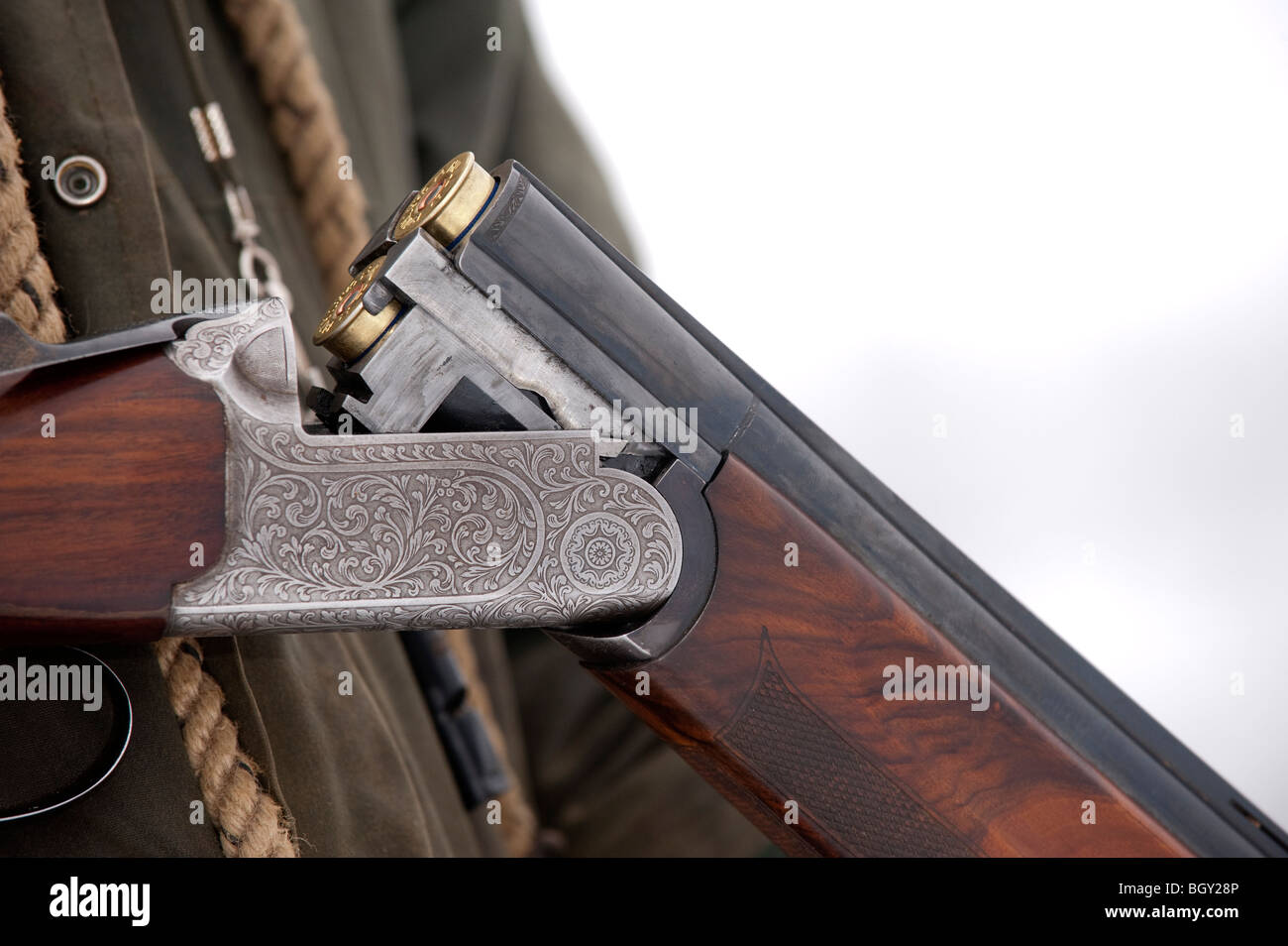 Detail on a 12 bore under and over shotgun. Stock Photo