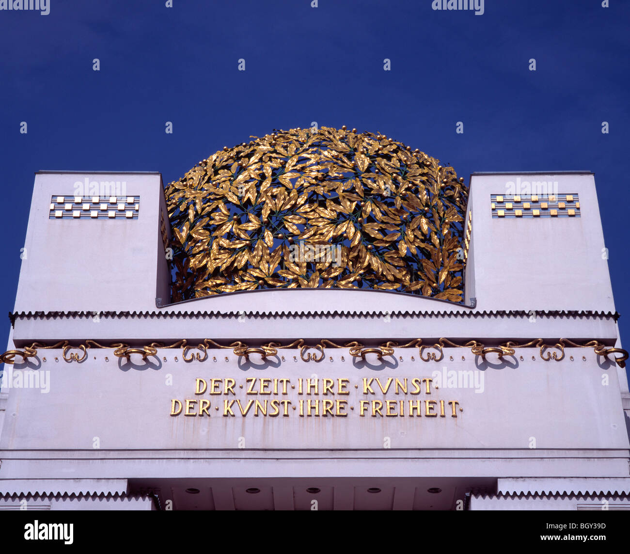 The golden leaves of the roof and detail from the front of the Art Nouveau Vienna Secession building, Austria Stock Photo
