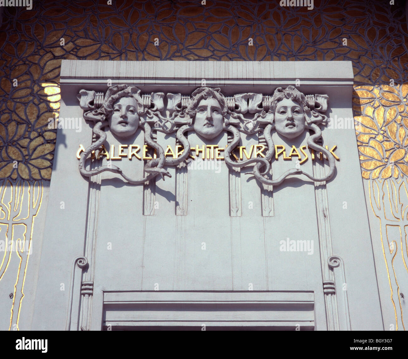 The heads of the three gorgons above the entrance to the Secession building, Vienna, Austria Stock Photo