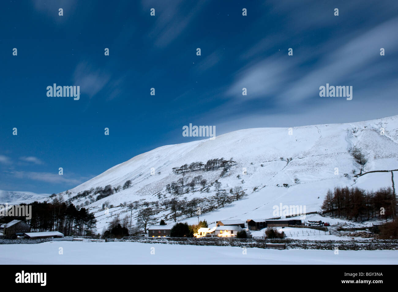 Moonlit Snow covered countryside midnight New Year 2010 Stock Photo