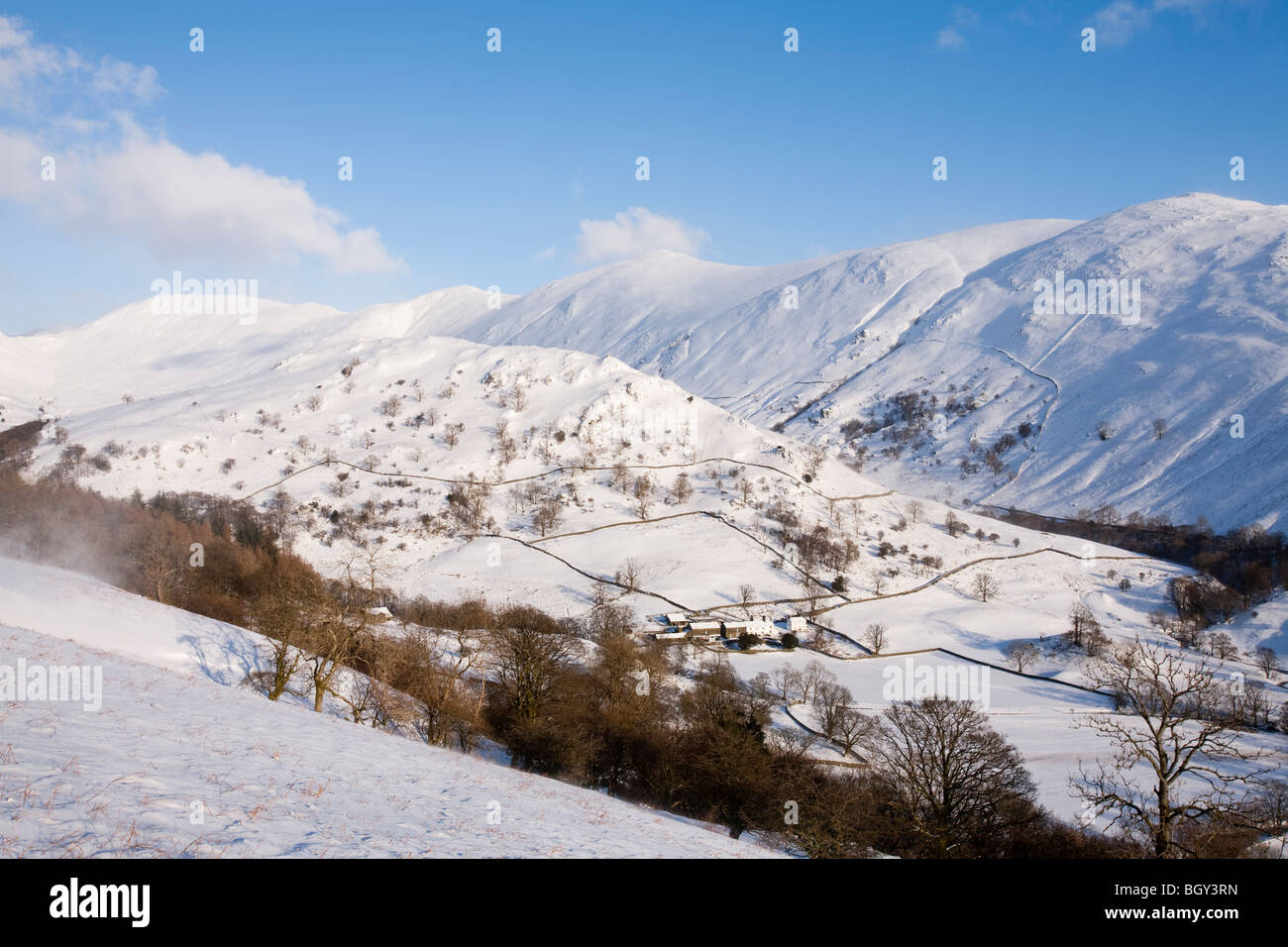 The Kentmere Fells above Troutbeck in full winter conditions, Lake District, UK. Stock Photo