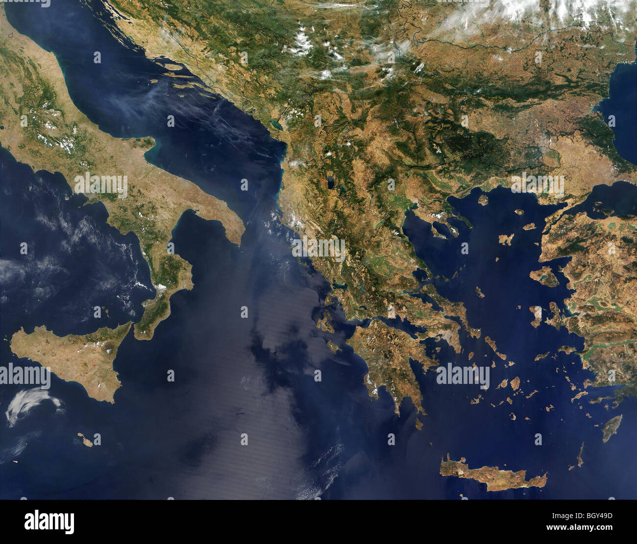 The Balkans Italy Sicily Greece Aegean Sea Crete Turkey seen from space Stock Photo