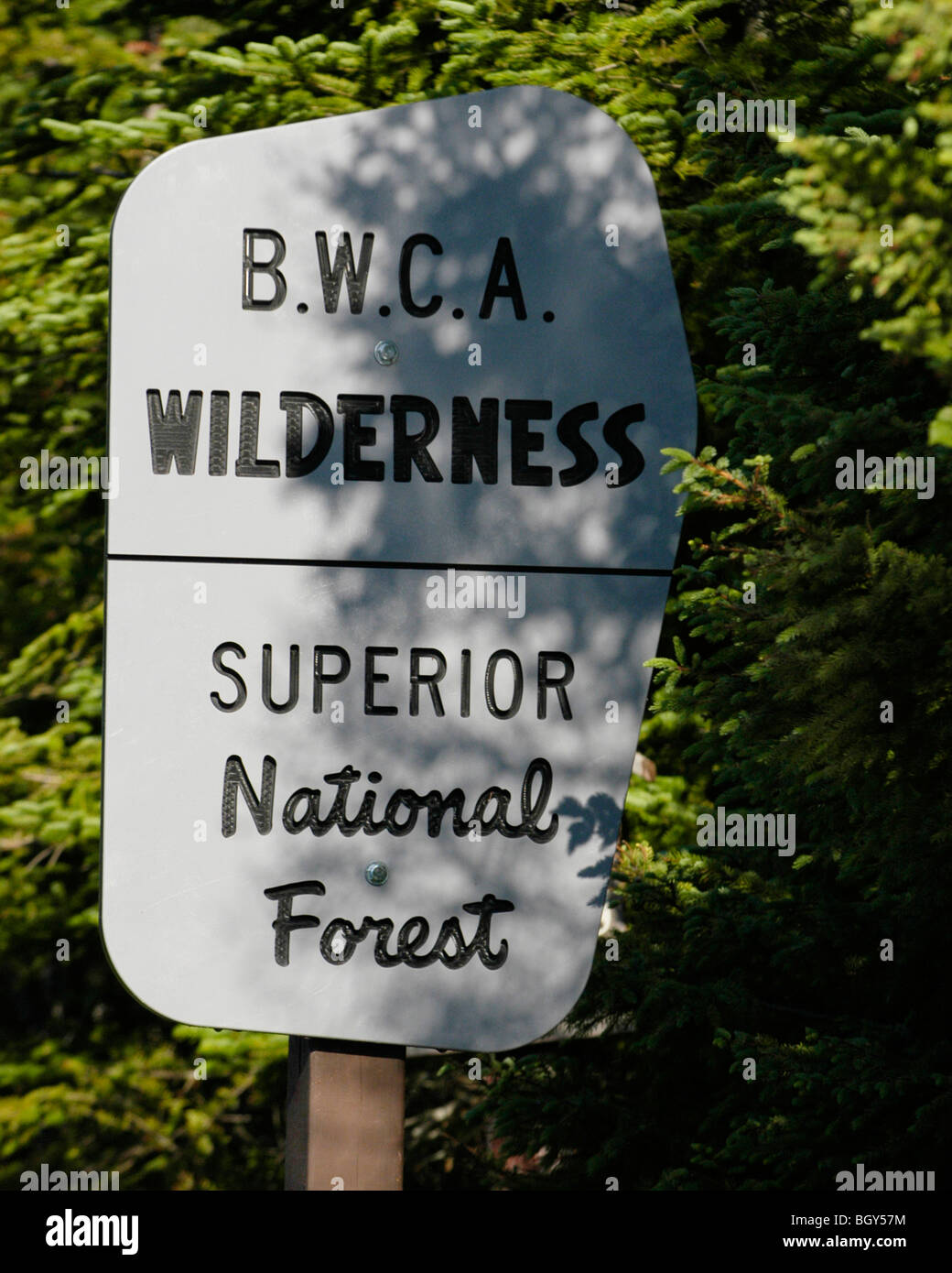 Boundary Marker sign in the Boundary waters canoe area wilderness Minnesota Stock Photo