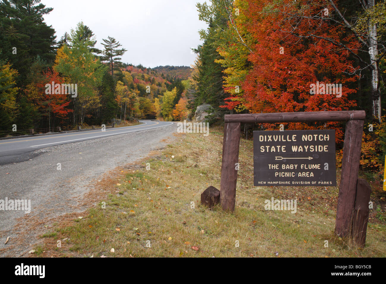 Dixville Notch Route 26 during the autumn months in Dixville, New