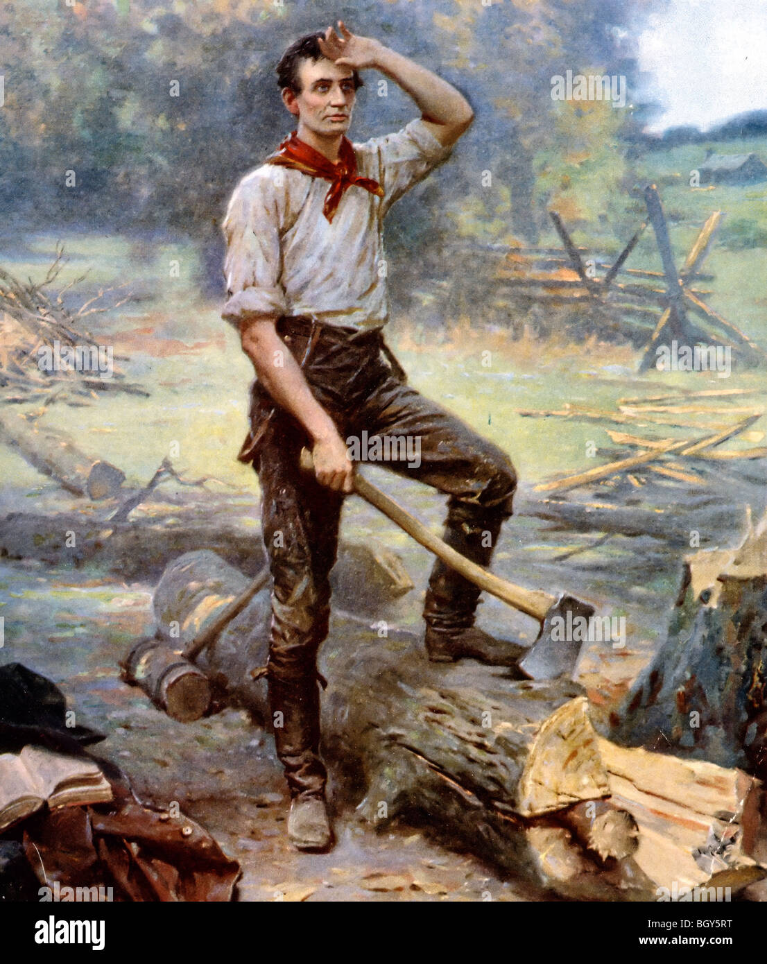 A young Abe Lincoln chopping wood, circa 1830 Stock Photo