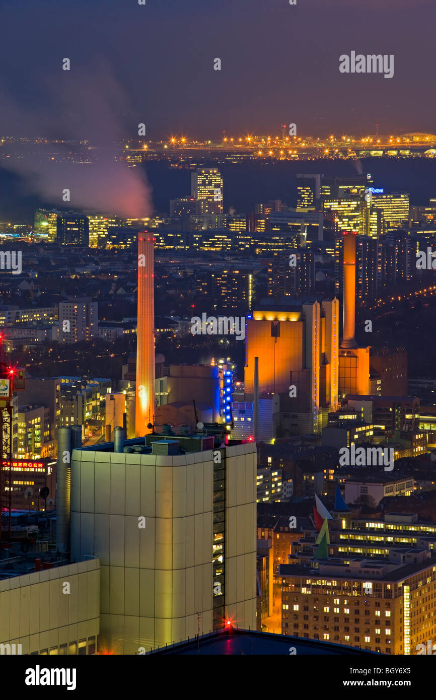 Power Station illuminated with red lights at dusk in the City of Frankfurt am Main, Hessen, Germany, Europe. Stock Photo