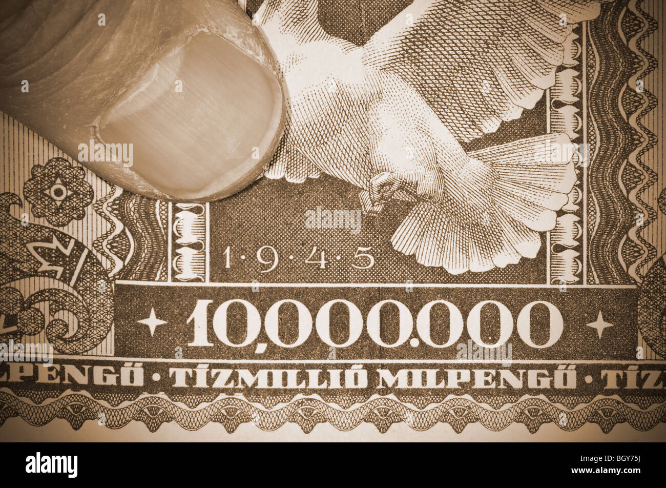 Close-up image of the Ten-Million-Milllion Pengo from the Hungarian hyperinflation started in 1945. Stock Photo