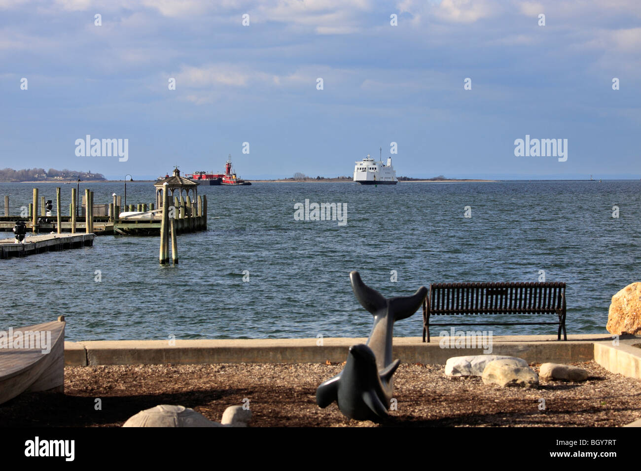 Car and passenger ferry approaches Port Jefferson, Long Island, NY after crossing Long Island