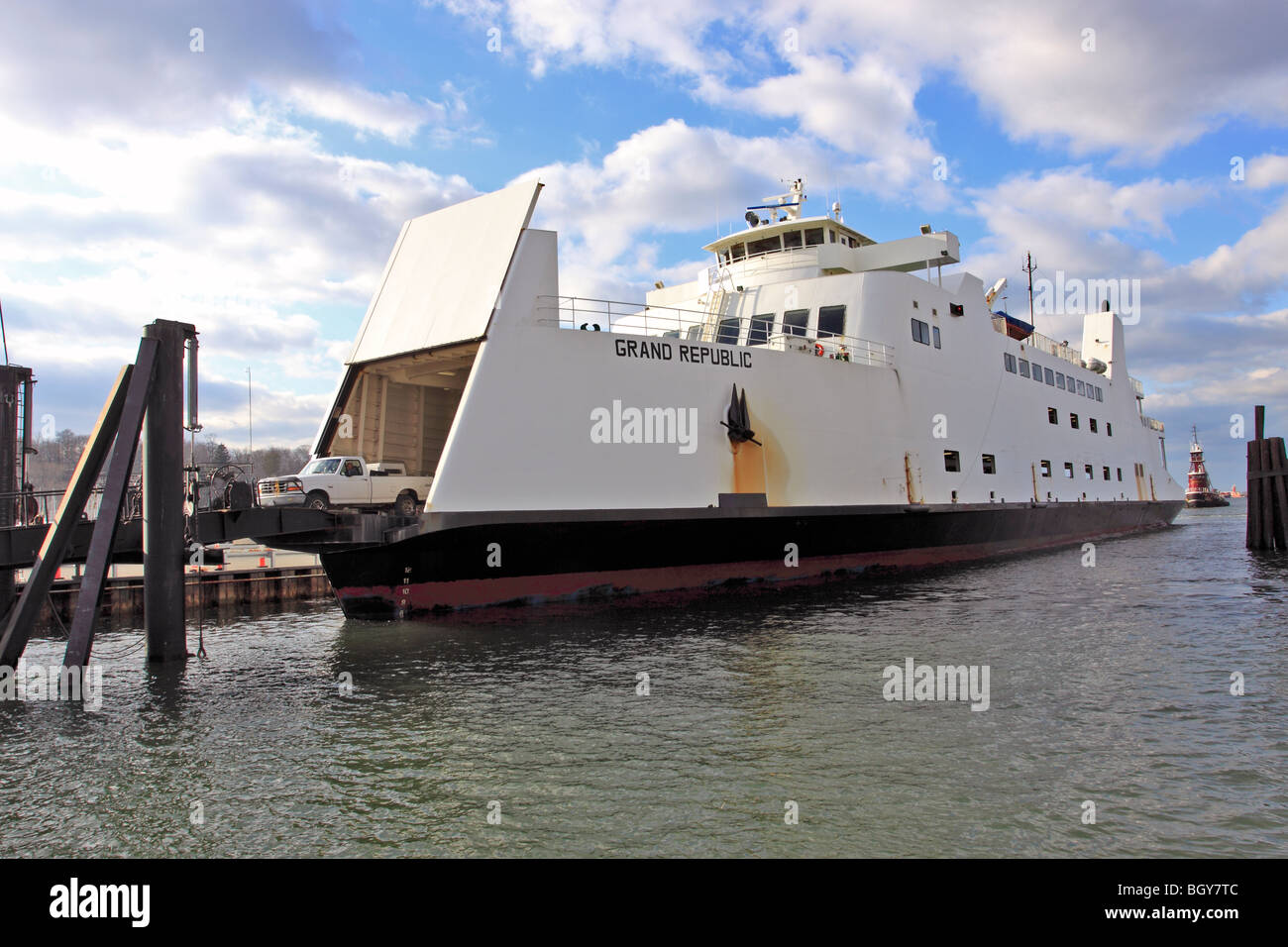 Pickup truck exits ferry at Port Jefferson, Long Island, NY after
