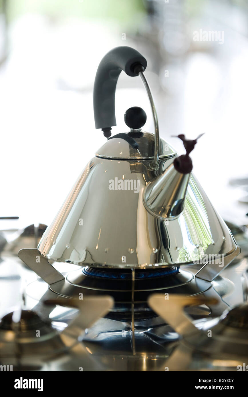 Tea kettle heating on gas stove Stock Photo Alamy
