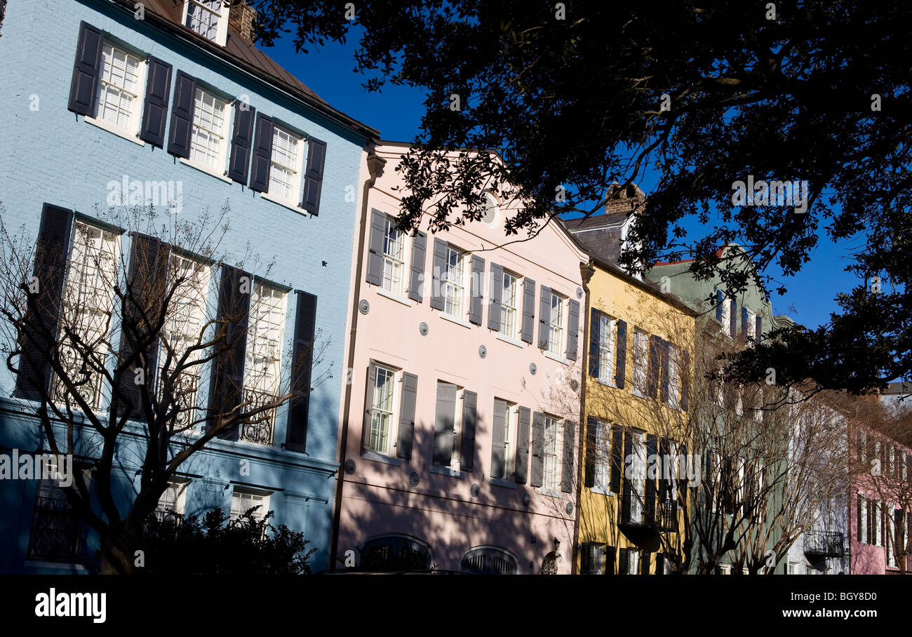 Multicolored houses line Rainbow Row, East Bay Street, Charleston, South Carolina, United States of America. Stock Photo
