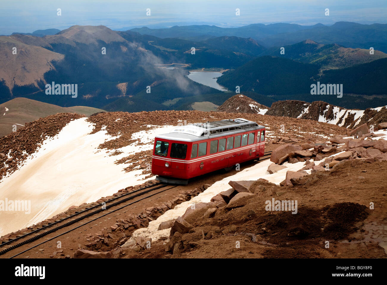 View over mountains from Pikes Peak 14110 foot summit and the world's highest cog train, Colorado, USA Stock Photo