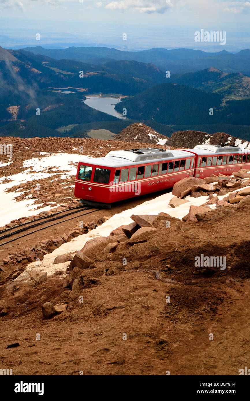 View over mountains from Pikes Peak 14110 foot summit and the world's highest cog train, Colorado, USA Stock Photo