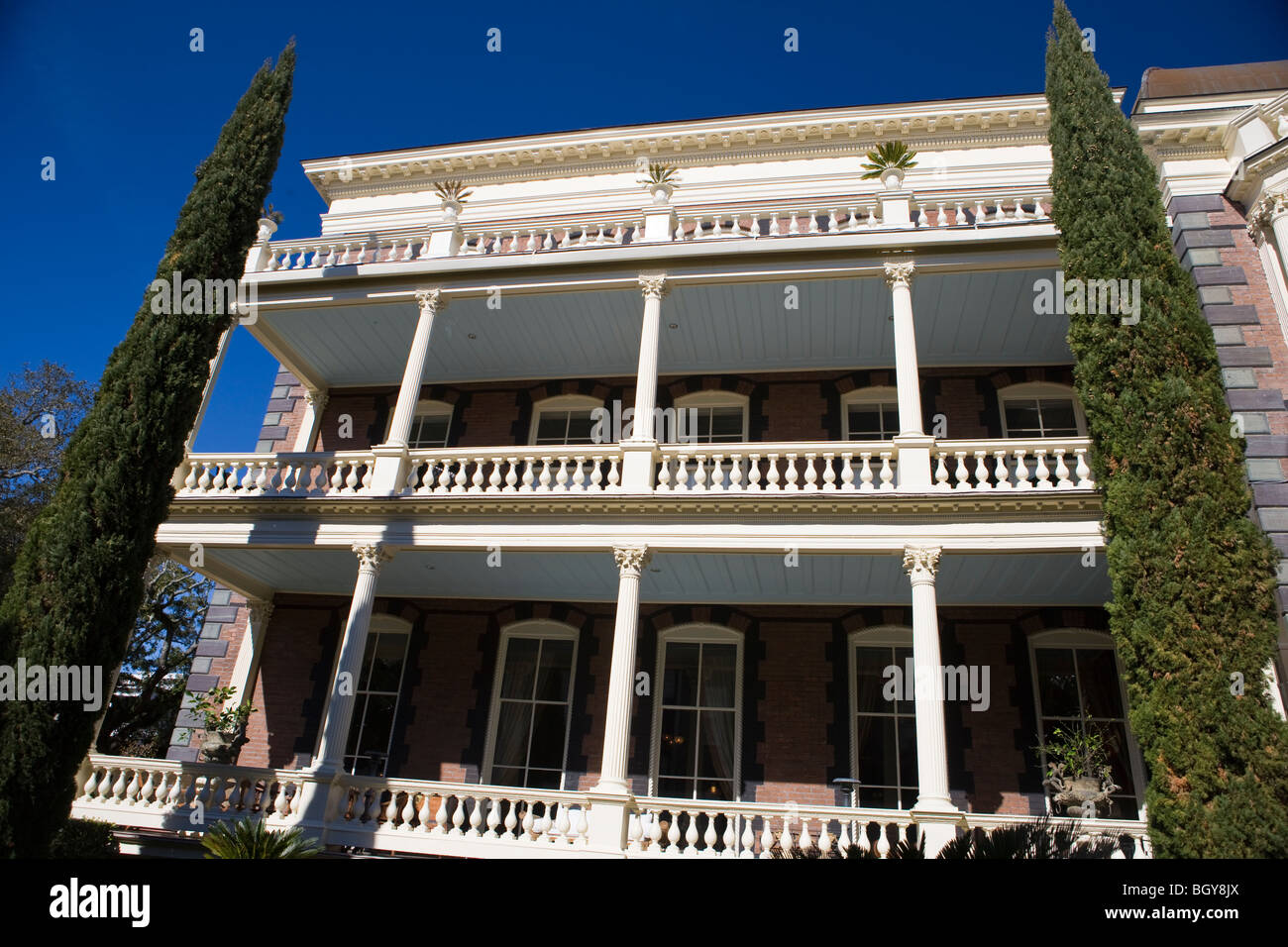 Balconies and landscaping of Calhoun Mansion, Meeting, Street, Charleston, South Carolina, United States of America. Stock Photo