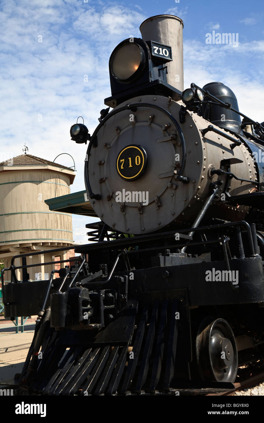 Chicago Burlington & Quincy locomotive #710, at Lincoln Station in the Haymarket District, Lincoln, Nebraska, USA Stock Photo