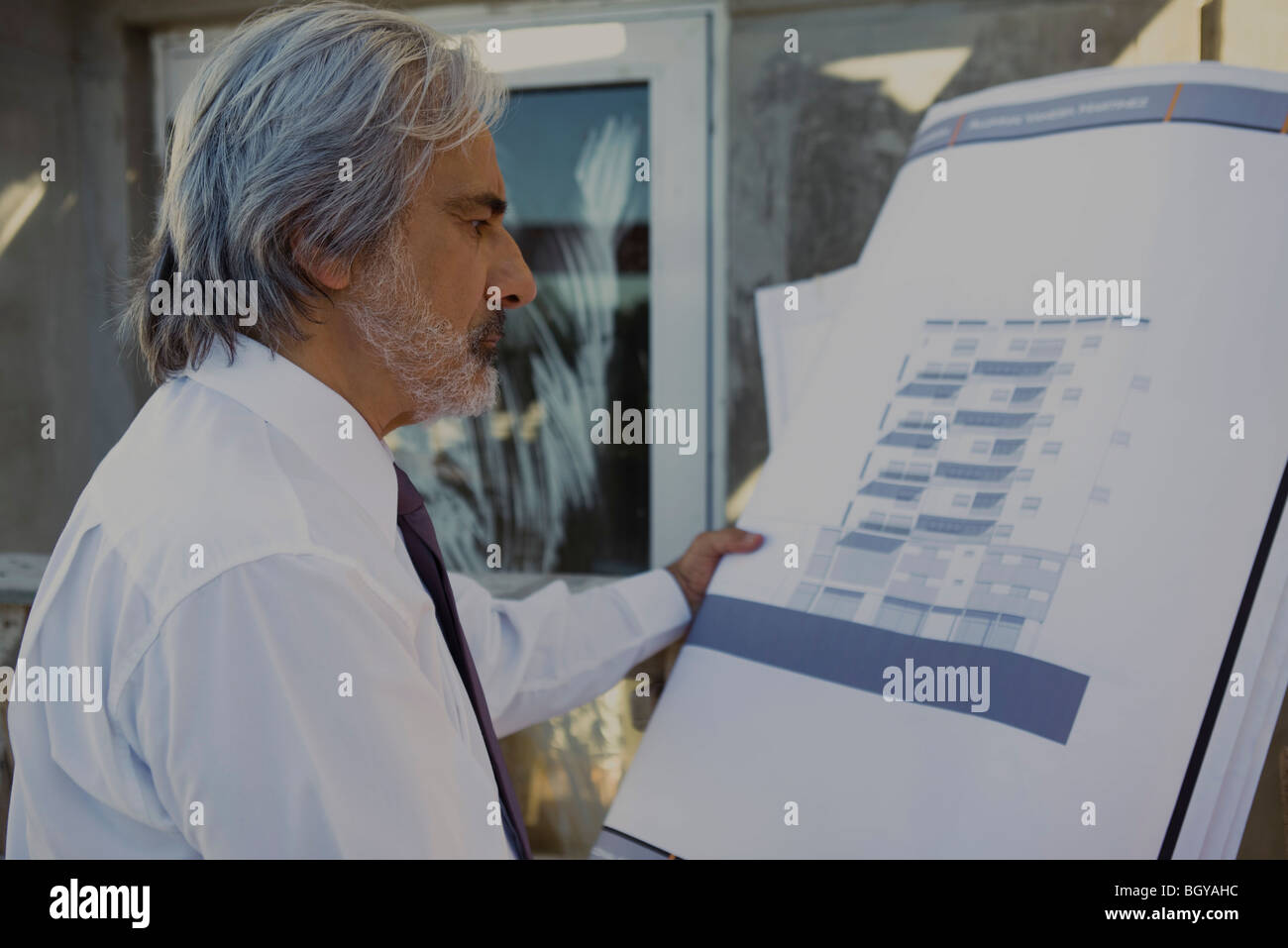 Architect reviewing blueprint Stock Photo