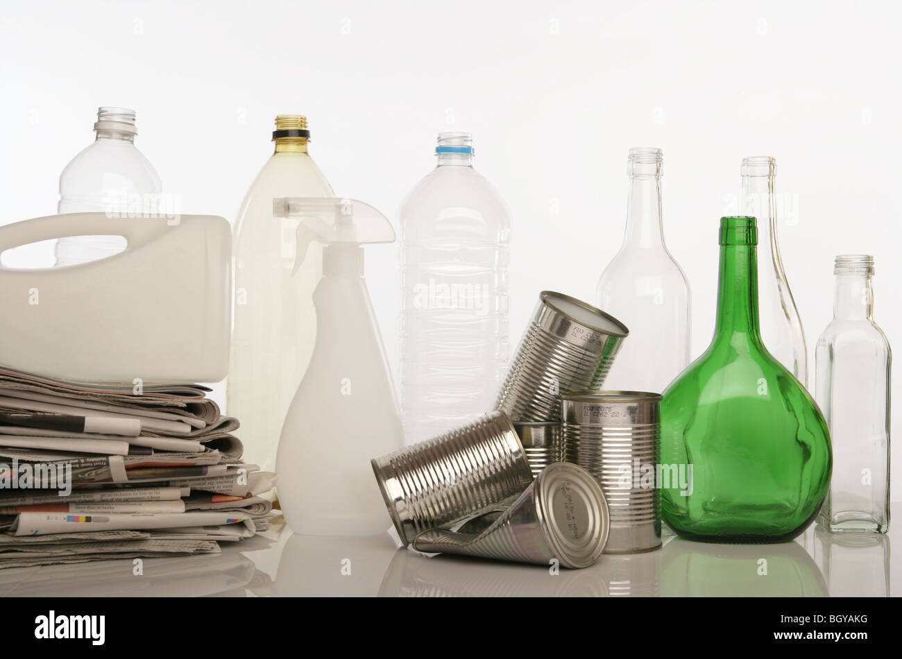 A selection of plastic glass tin and newspaper for recycling. Stock Photo