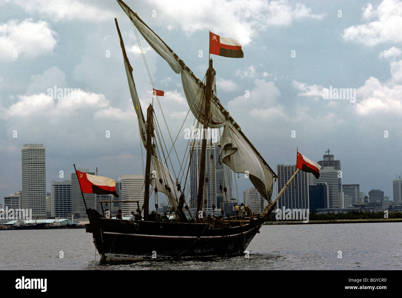 The dhow Sohar in Singapore 1981. Replica of 9th century Arab dhow. It was sailed from Oman to Singapore and back. Stock Photo