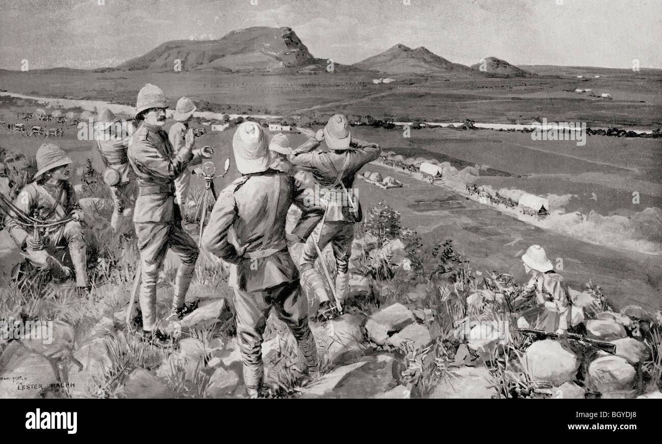Fighting Mac and the Highland Brigade in action at Koodoesberg Drift, South Africa during the second Boer war. Stock Photo