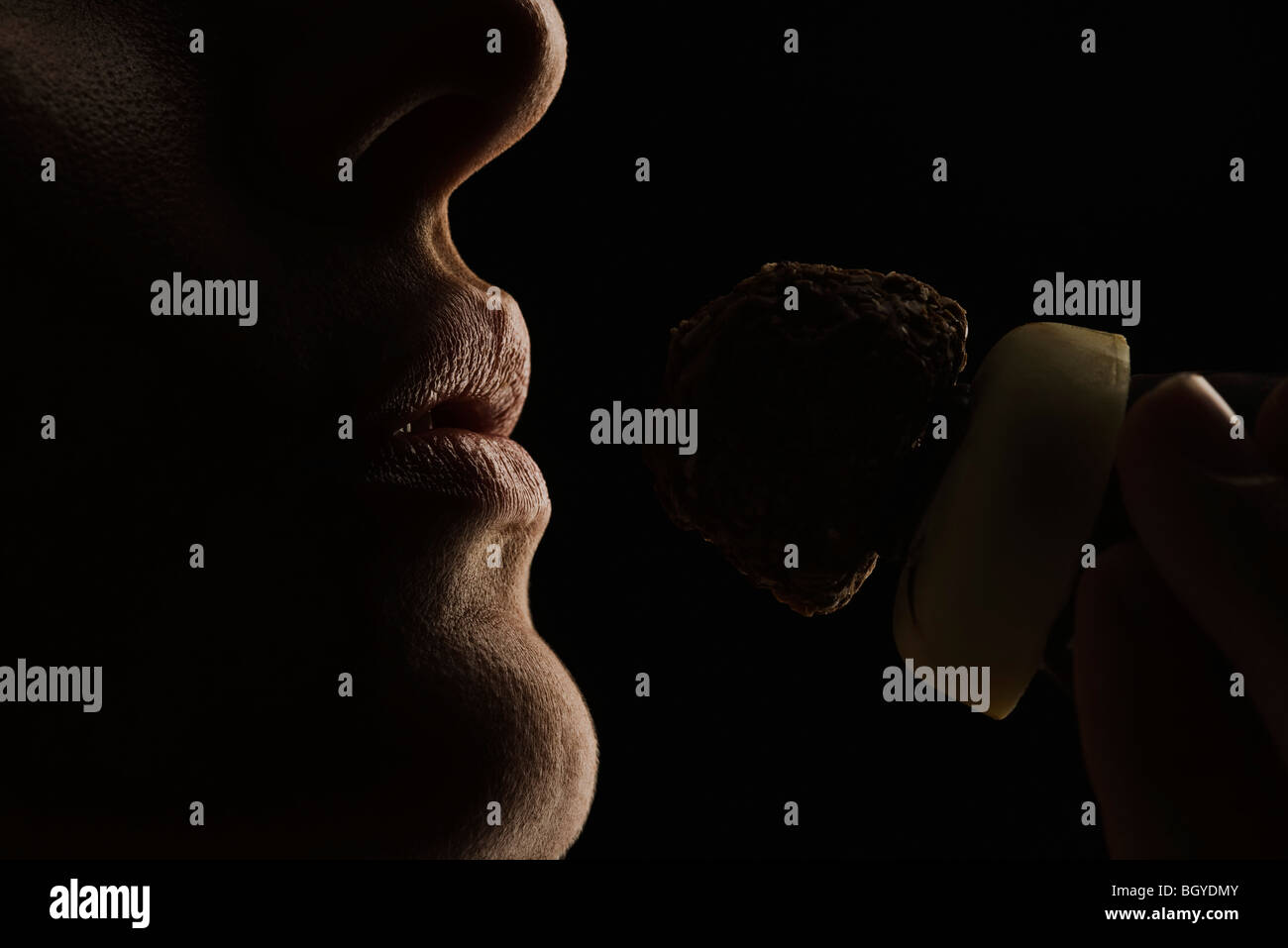 Woman preparing to eat chocolate sweet, close-up Stock Photo