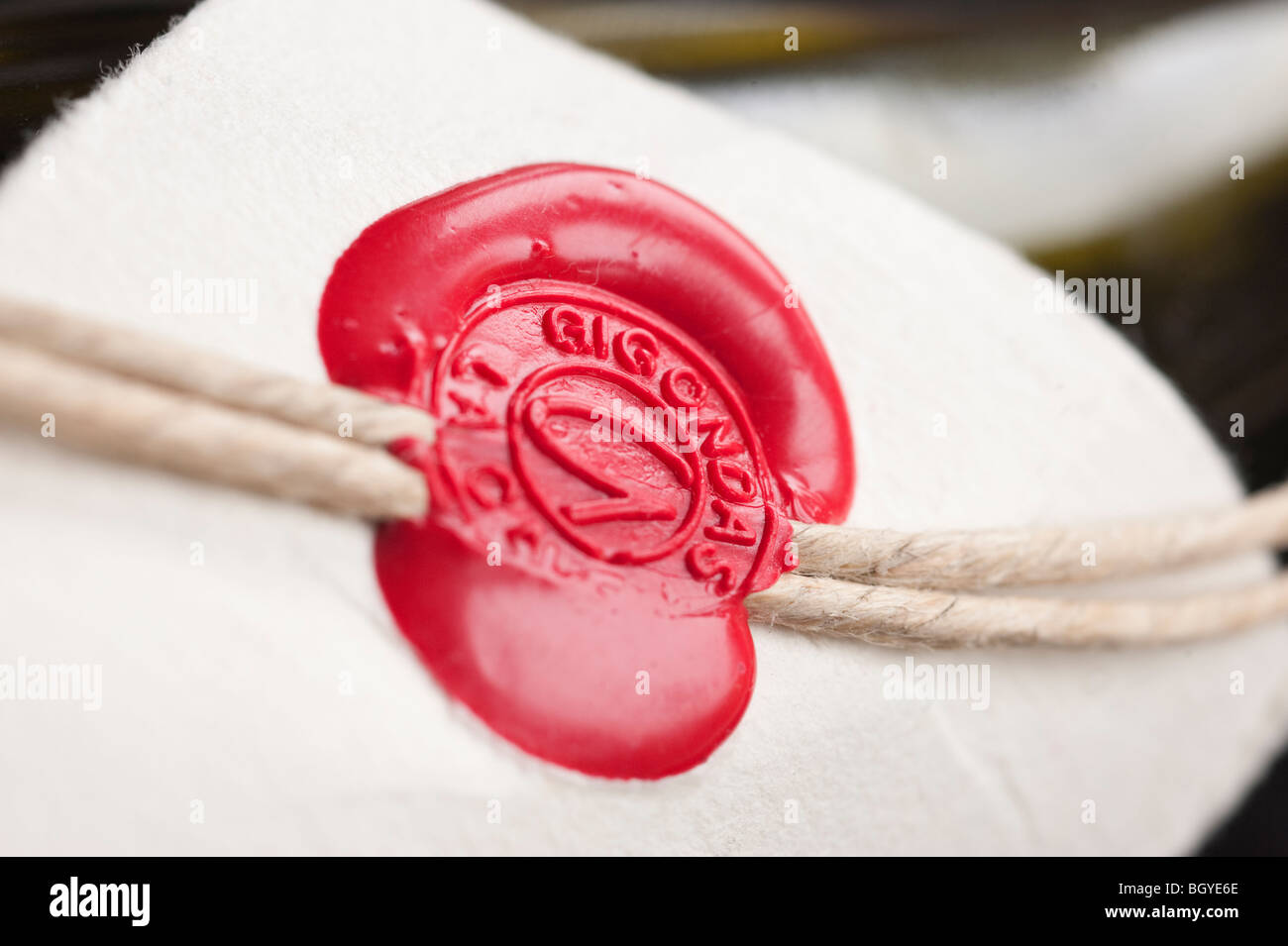 Gigondas wine bottle wax seal, closeup Stock Photo Alamy
