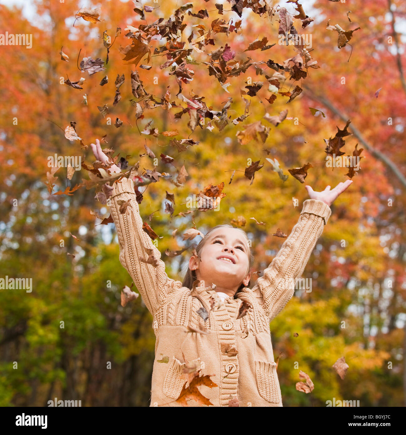 Girl throwing leaves Stock Photo Alamy