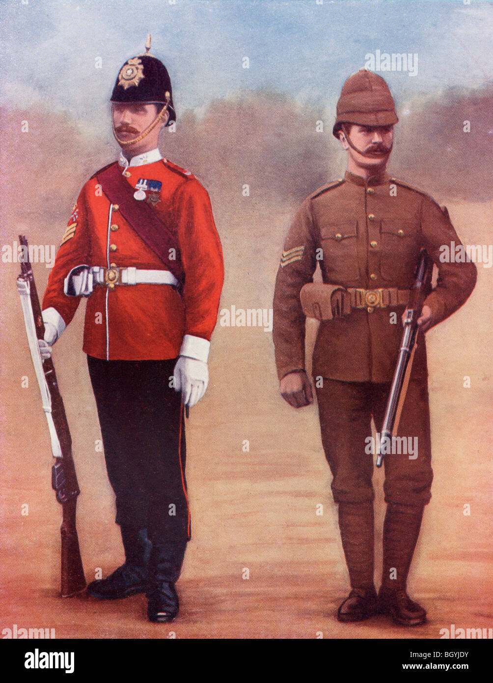 Left. Colour-Sergeant of the West Yorkshire Regiment. Right. Sergeant of the Yorkshire Regiment. Stock Photo