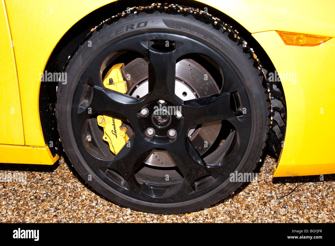 Close Up of a Yellow Lamborghini Gallardo Stock Photo