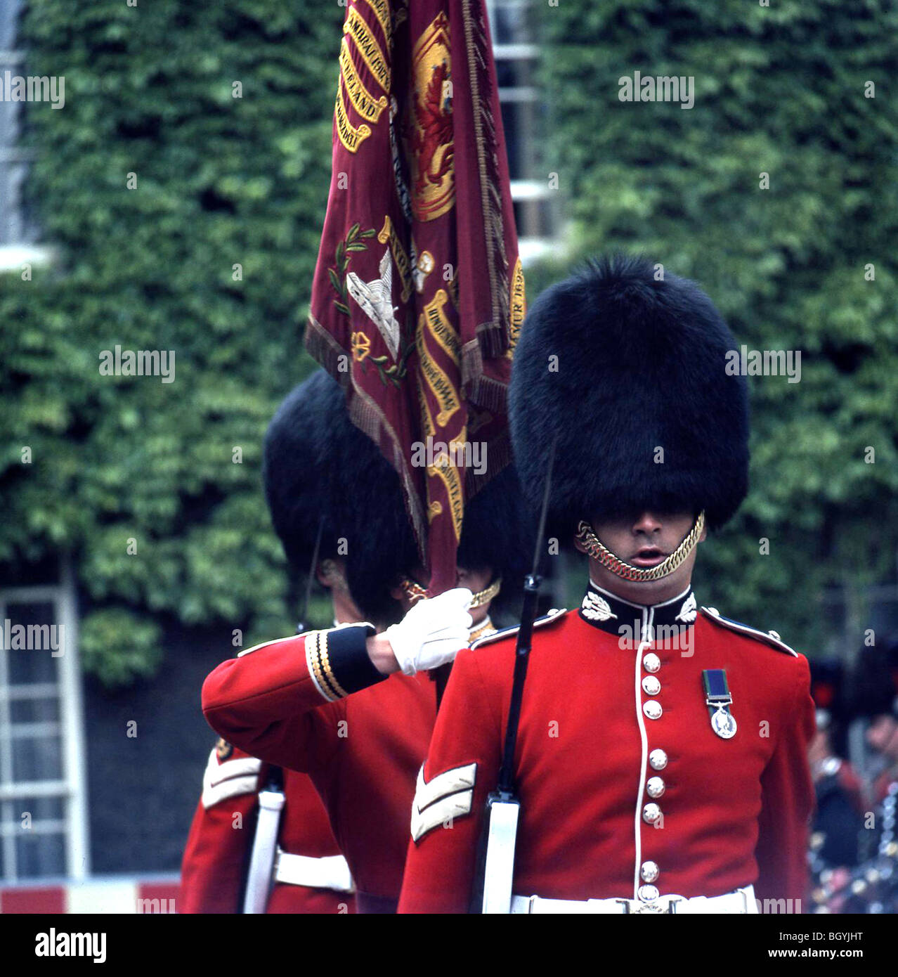 London. The Parading of the Colour takes place every day outside Buckingham Palace Stock Photo