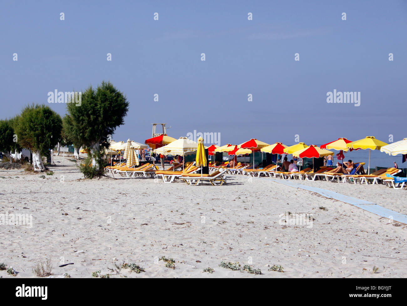 THE VILLAGE BEACH AT MARMARI ON THE GREEK ISLAND OF KOS. Stock Photo