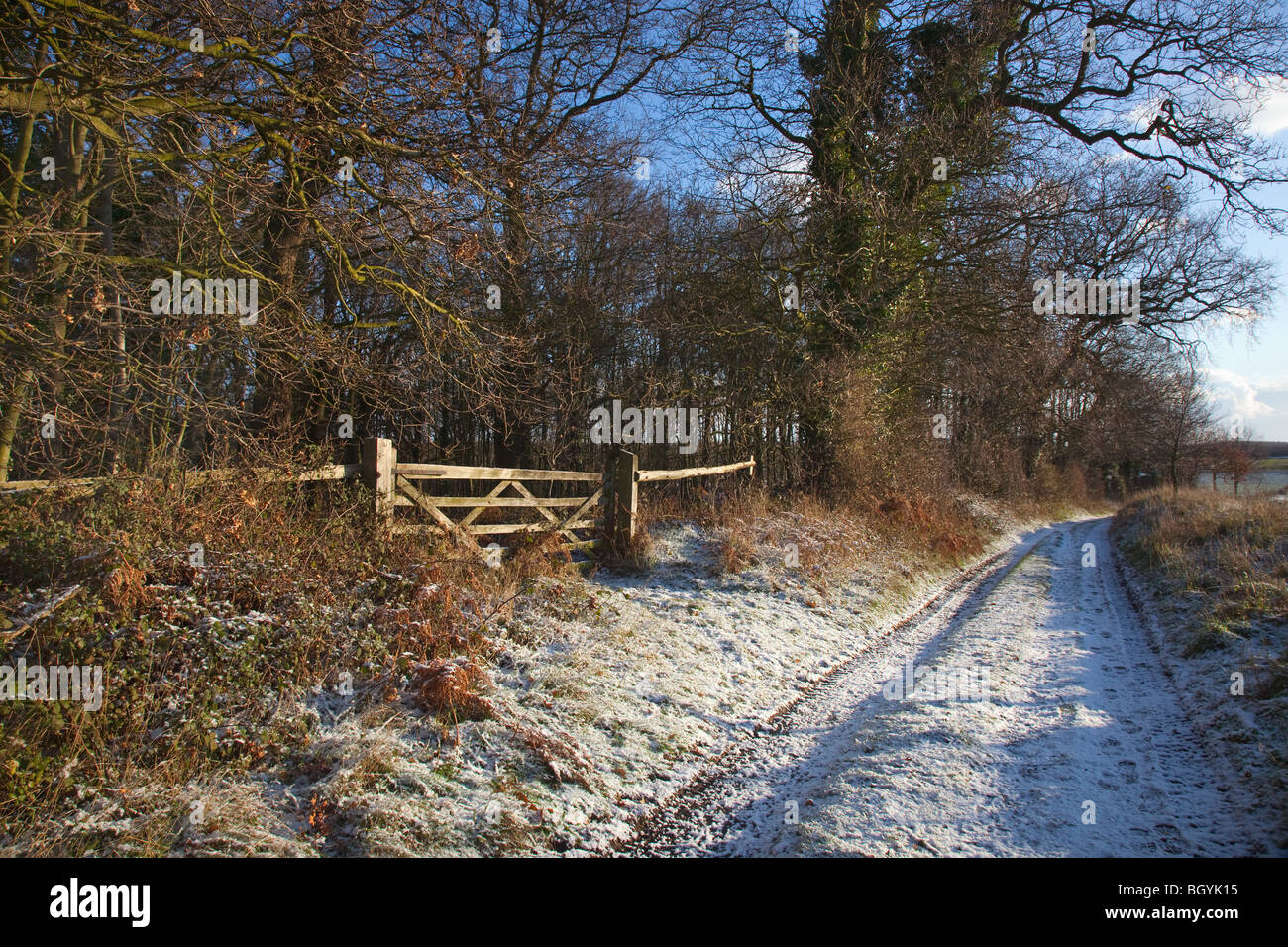 A five bar gate and farm track in winter farmland Gimingham Norfolk Stock Photo