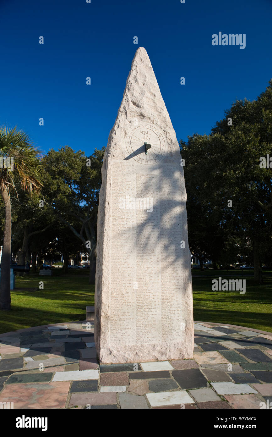 Tall monument with sun dial marking April 26, 1952, White Point Gardens, Charleston, South Carolina, United States of America. Stock Photo