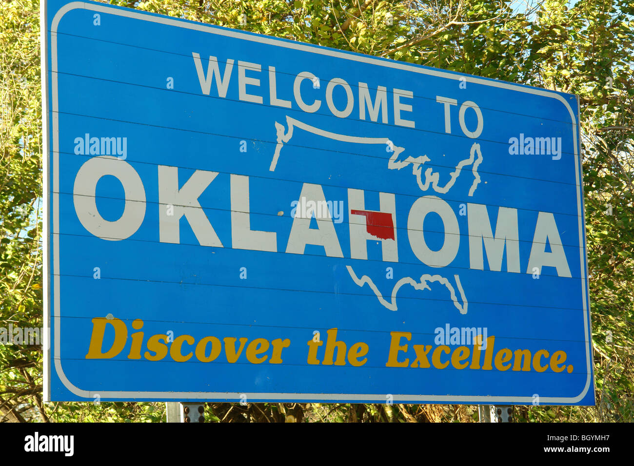 OK, Oklahoma, Welcome to Oklahoma, road sign, state line Stock Photo