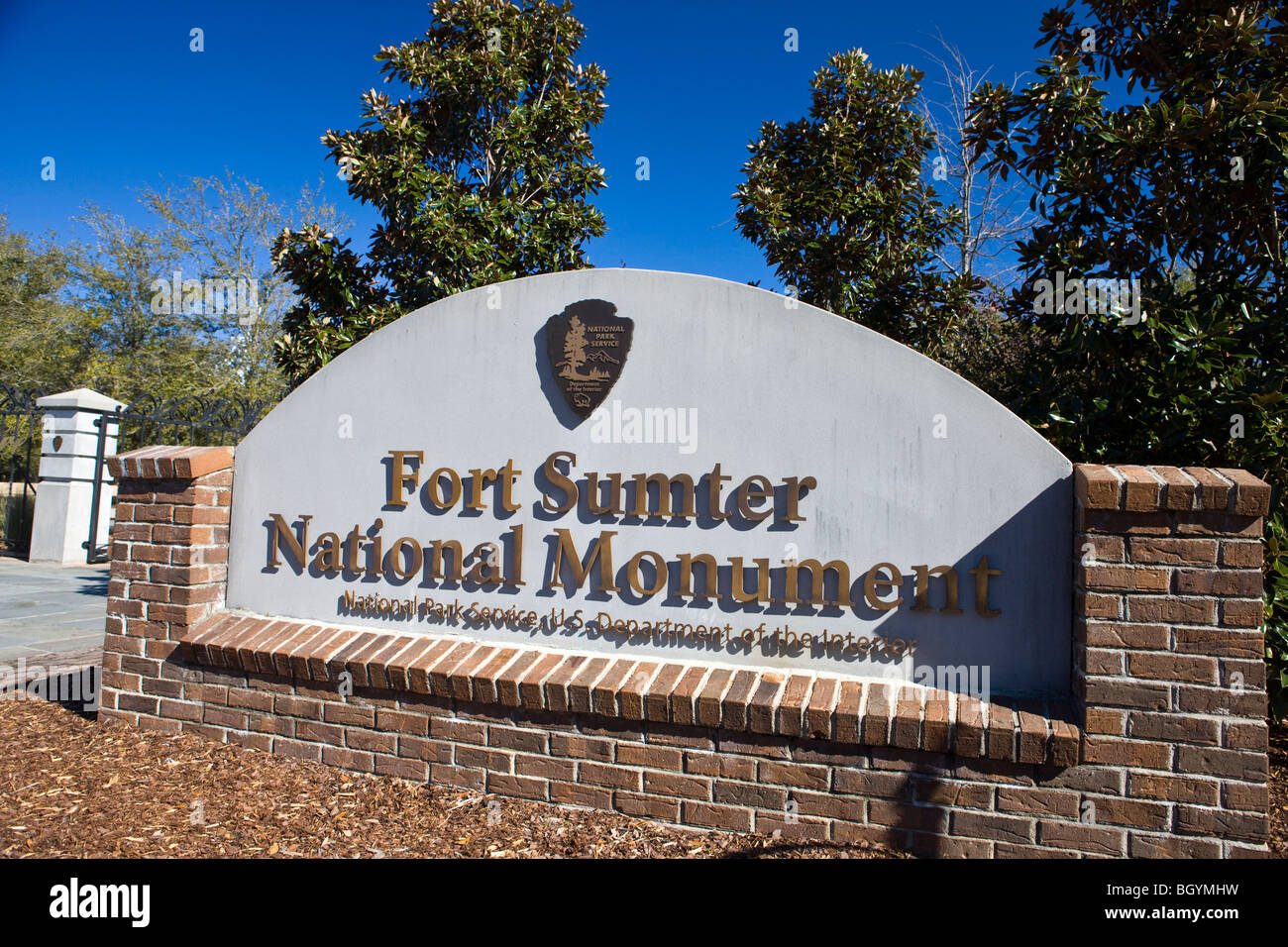 National Park Service welcome sign to Fort Sumter National Monument, Charleston, South Carolina, United States of America. Stock Photo