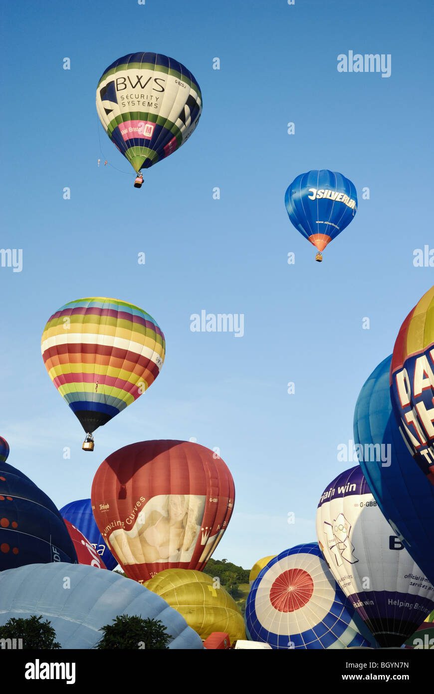 Many colourful Hot Air Balloons at Bristol International Balloon fiesta taking part in a mass ascent. Stock Photo