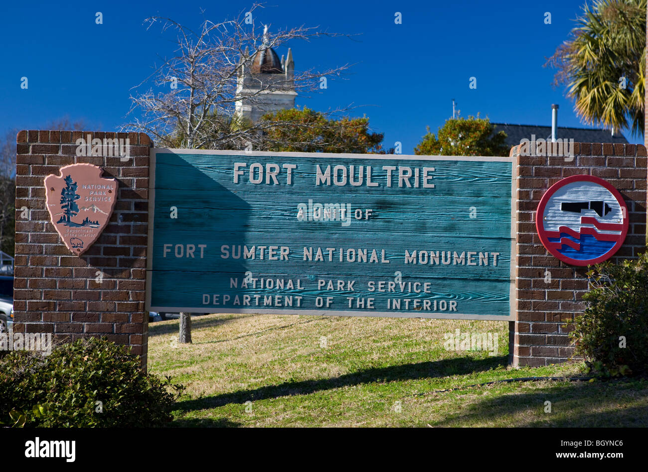National Park Service welcome sign for Fort Moultrie, part of the Forth Sumter National Monument, Sullivan's Island Stock Photo