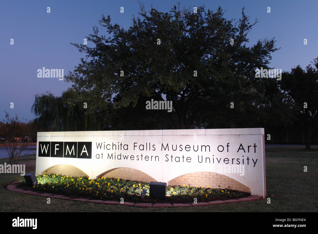 Wichita Falls, TX, Texas, Midwestern State University, Wichita Falls Museum of Art, entrance sign, evening Stock Photo