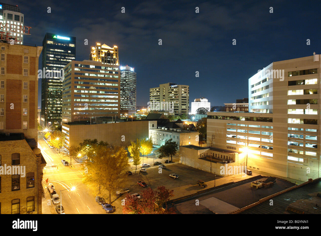 Birmingham, Al, Alabama, Downtown, skyline, evening, aerial Stock Photo