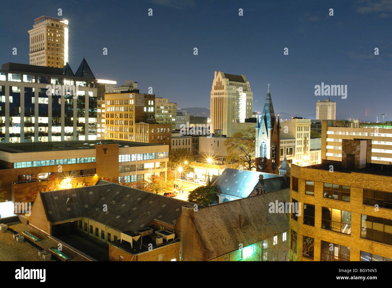 Birmingham, Al, Alabama, Downtown, skyline, evening, aerial Stock Photo