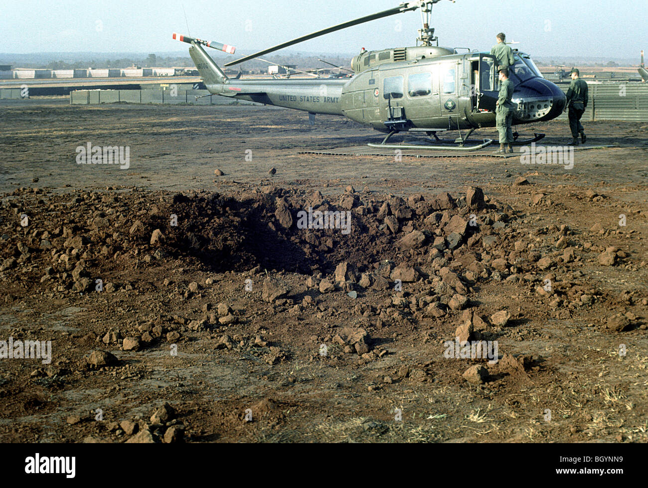 mortar cratars after vietcong walked mortars across helicopter flightline 4th Infantry Division Ivy in Pleiku Province 1968. Stock Photo