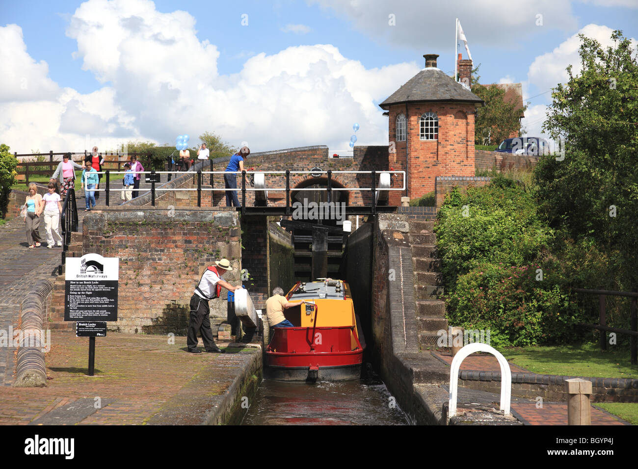 Narrowboat entering the second of the three Bratch Locks, Staffordshire
