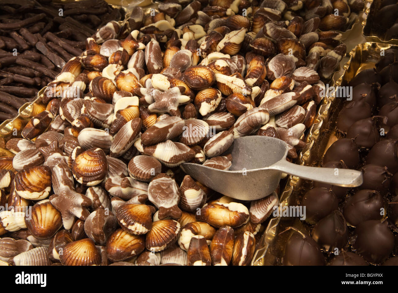 Display of Belgian Seashell chocolates with serving scoop Stock Photo