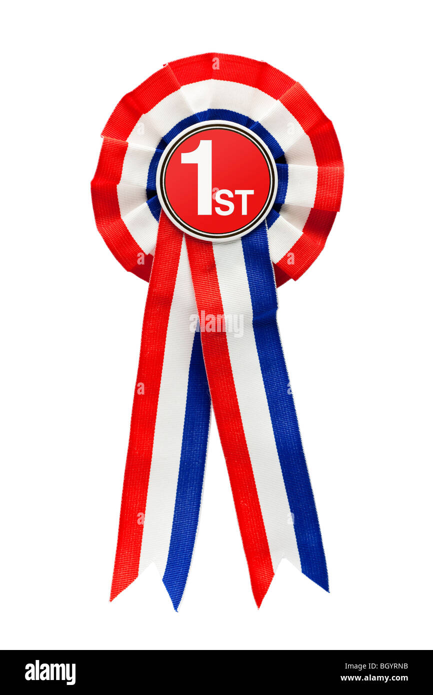 3d illustration of first place blue ribbon over white background Stock  Photo - Alamy