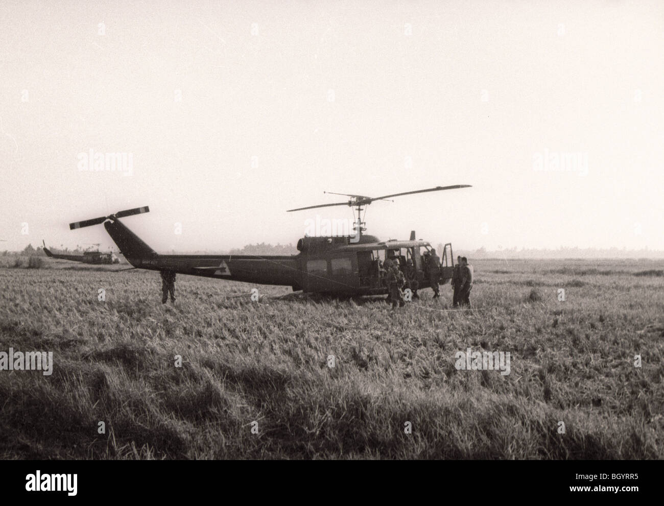 An Huey helicopters of the 121st AHC out of Soc Trang, Vietnam, waits for a mission during the Vietnam War. Stock Photo