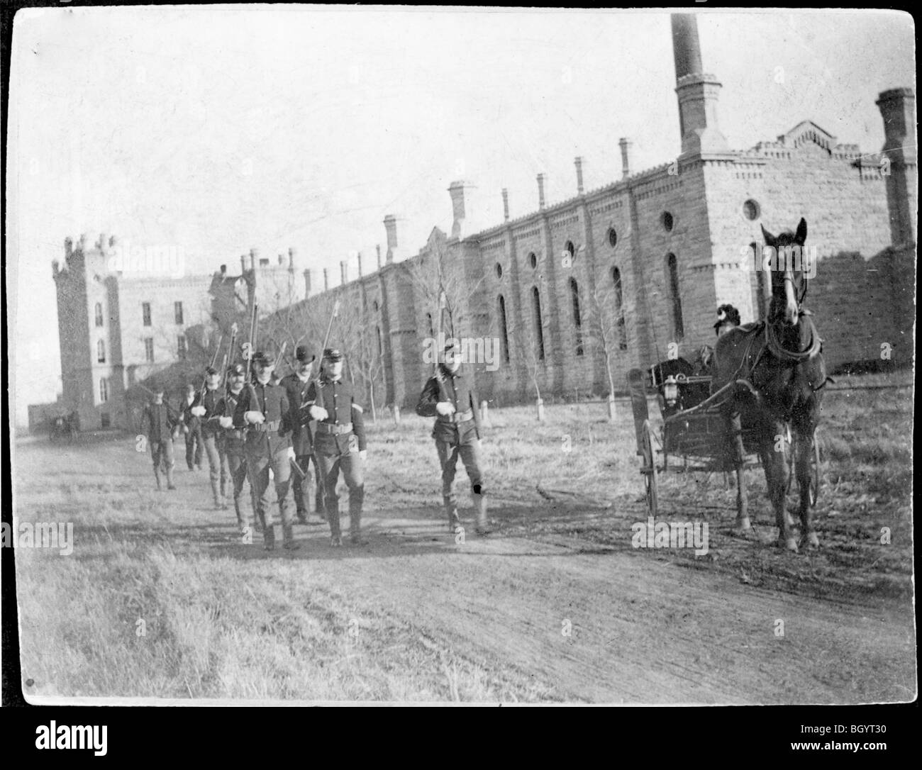 Military guards outside the Nebraska State Penitentiary. Late 1800s. Lincoln, Nebraska, USA. Stock Photo